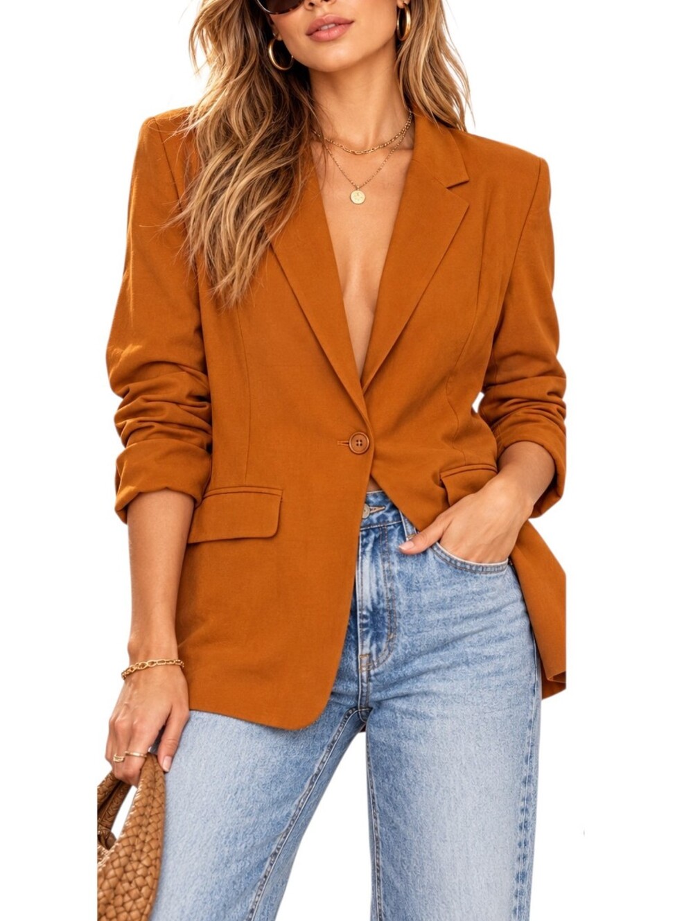 Longline One Button Long Sleeve Blazer XL Cognac Career Work Fall Tailored Corp
